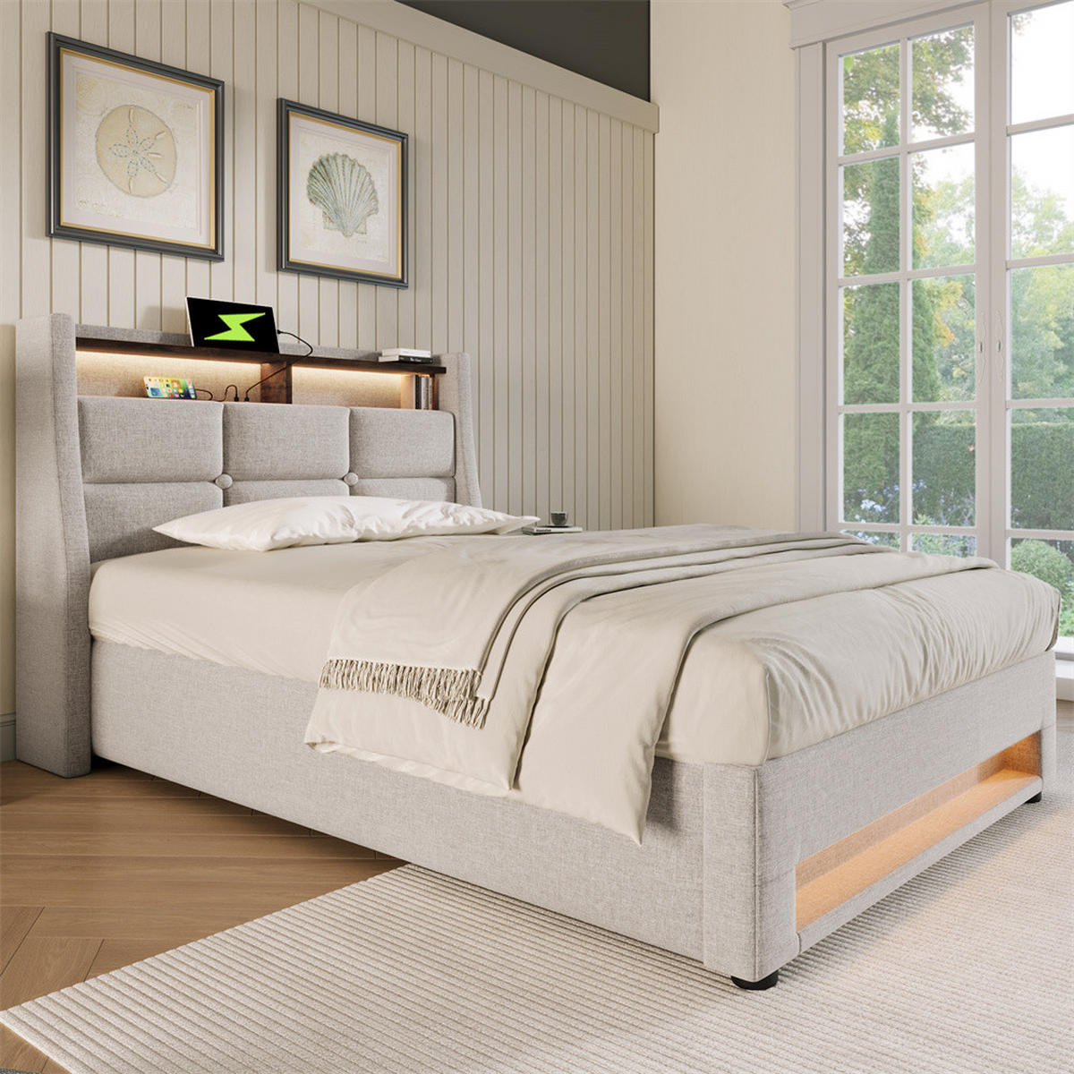 POLSTERBETT 90/200 cm in Linen mit USB - Beige, Holz/Textil (90/200cm) - KOMHTOM