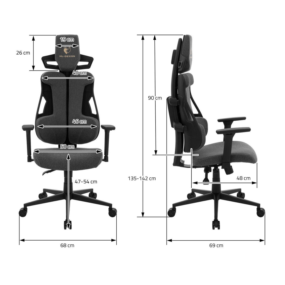 HERNÍ ŽIDLE s látkovým potahem v šedé barvě, individuálně nastavitelná - šedá/černá, kov/textil (69/142/68cm) - ML-DESIGN