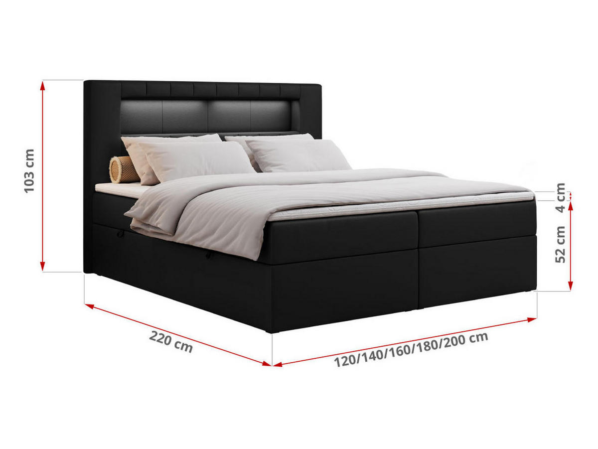 BOXBETT GOLD-5 LED 160/200 Schwarz Kunstleder - H3 - Schwarz, Holz/Textil (160/200cm) - MKS