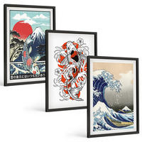 BILDER SET 3er Set - 40x60 cm Schwarzer Rahmen - Berge von Fischen Große Welle Japan - Schwarz, Kunststoff (40/60cm) - TULUP