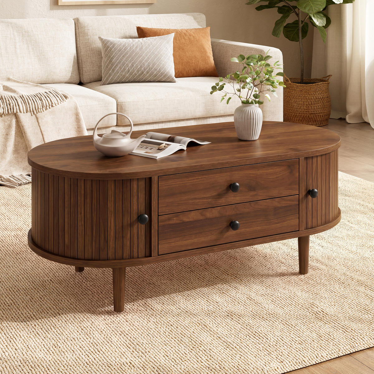 COUCHTISCH in Holzoptik Ovaler Wohnzimmertisch mit Schiebetüren und 2 Schubladen, 100 B / 50 T / 40 H(cm) - Dunkelbraun, Holzwerkstoff (50/100/40cm) - STILVORA