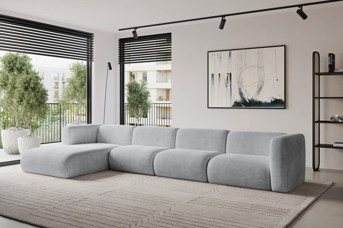 ECKSOFA Ottomane Links MIRA-L3 409x179x70 Grau Cord - Blaugrau/Schwarz, Holzwerkstoff/Kunststoff (409/179cm) - ALTDECOR