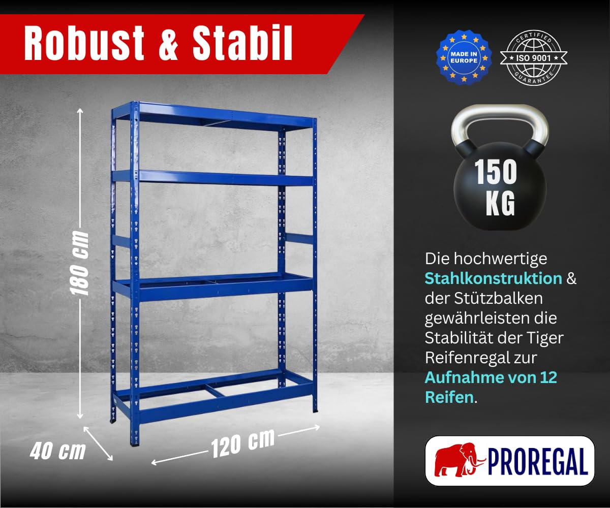REIFENREGAL Tiger 180x120x40 cm bis zu 12 Reifen auf 2 Ebenen + 2 Ablagen Blau - Blau, Metall (120/180/40cm) - PROREGAL