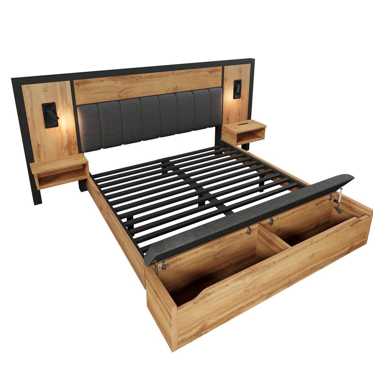 POLSTERBETT 180/200 cm mit Bettbank (Bettkasten), LED-Leselampen & USB/Type-C, Eiche - Eichefarben, Metall (180/200cm) - Redom