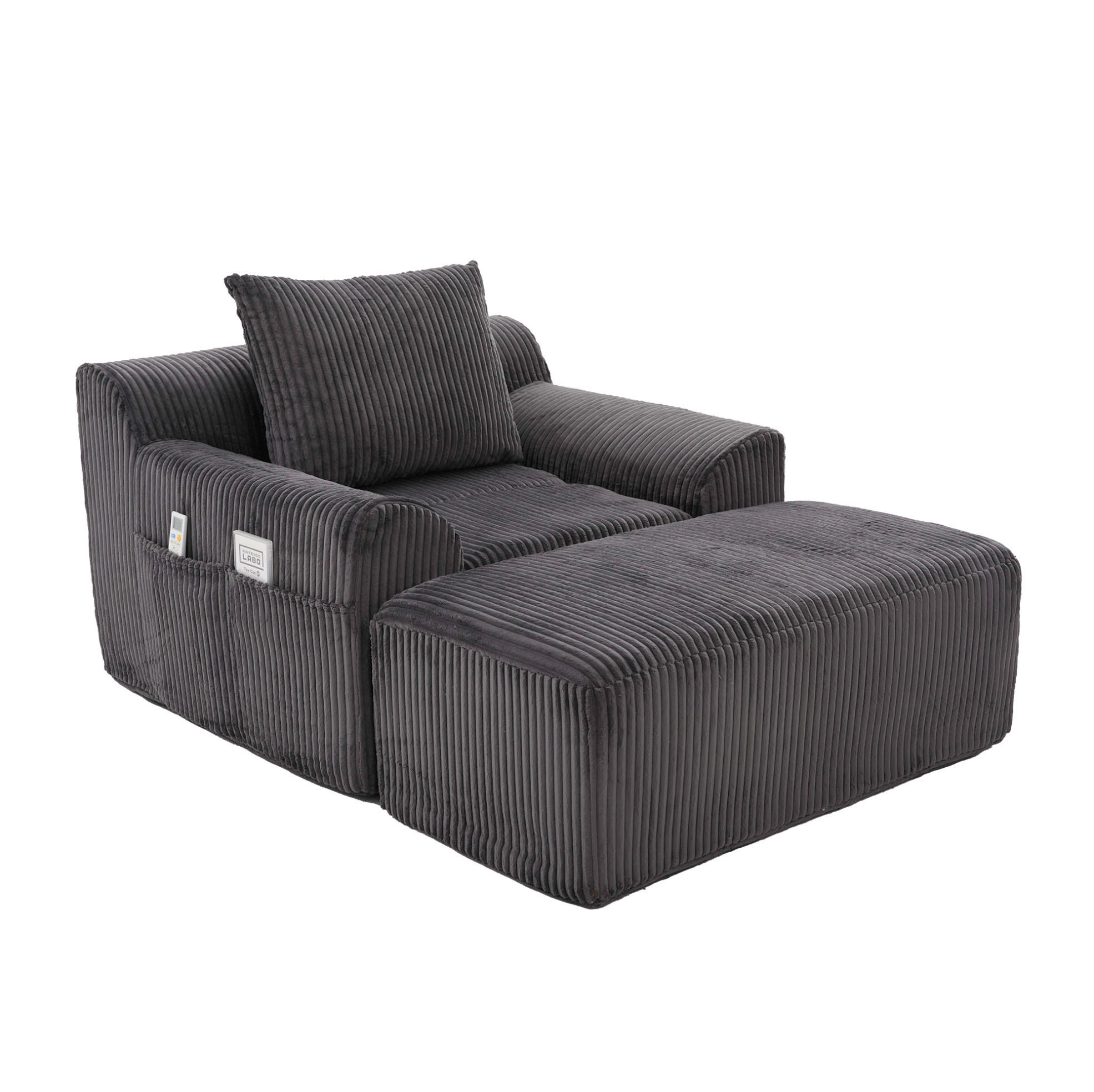 SESSEL aus Kord 147x110x67 cm Dunkelgrau mit Fußhocker, Seitentaschen und montagefreiem Komfort - Dunkelgrau, Textil (110/67/147cm) - Modfu