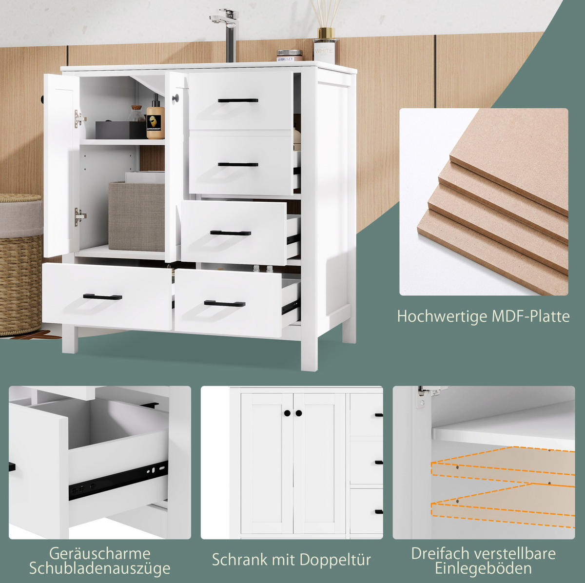 FREISTEHENDER Badezimmerschrank aus MDF und Keramik 76x46x82 cm Weiß mit Waschbecken und Stauraum - Weiß, Keramik (76/82/46cm) - Modfu