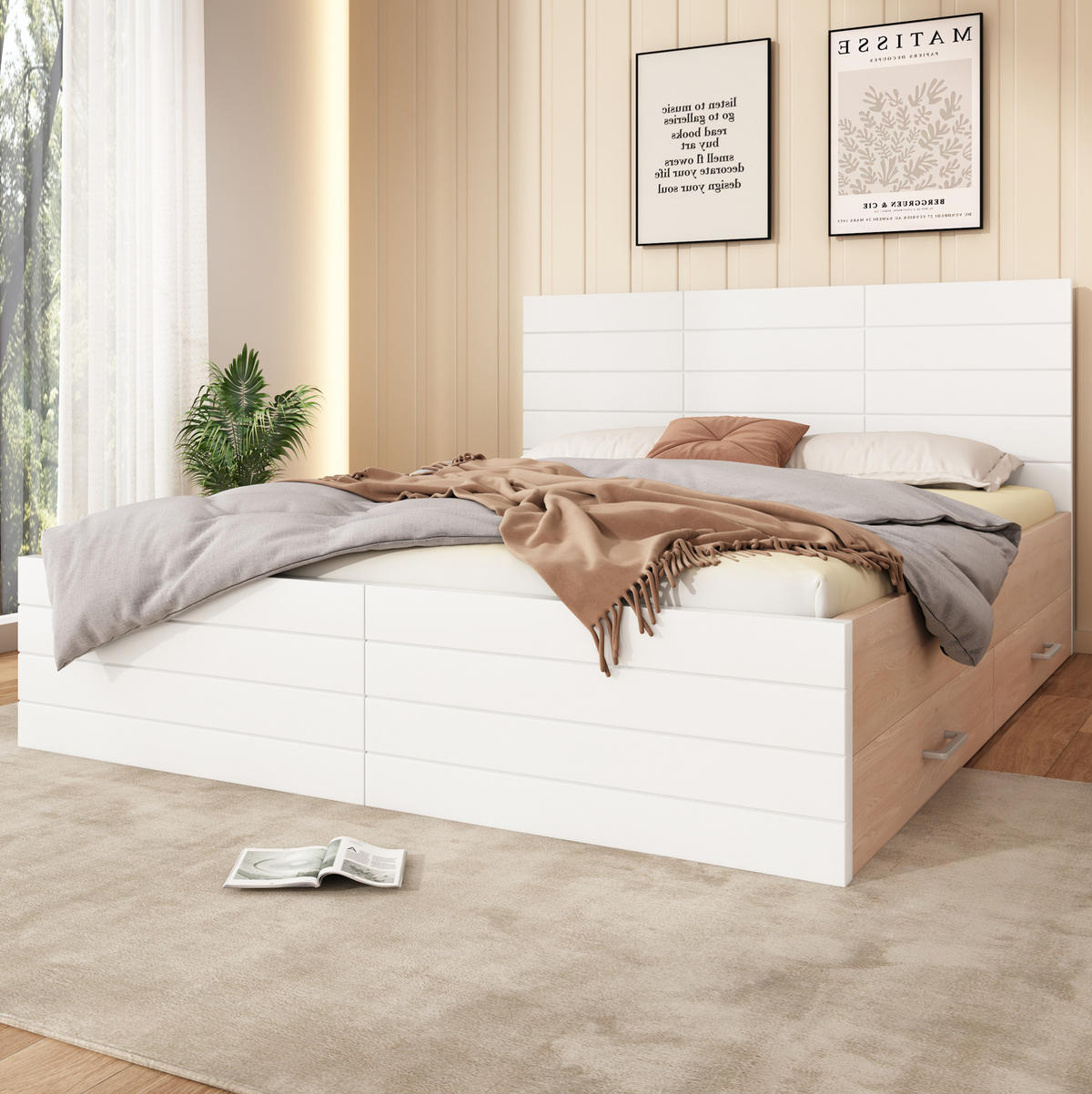 KREVET 160/200 cm s ladicama, podnicom i madracem, od masivnog drva i MDF-a, Bijela i hrast - bijela, drvni materijal (160/200cm) - Redom