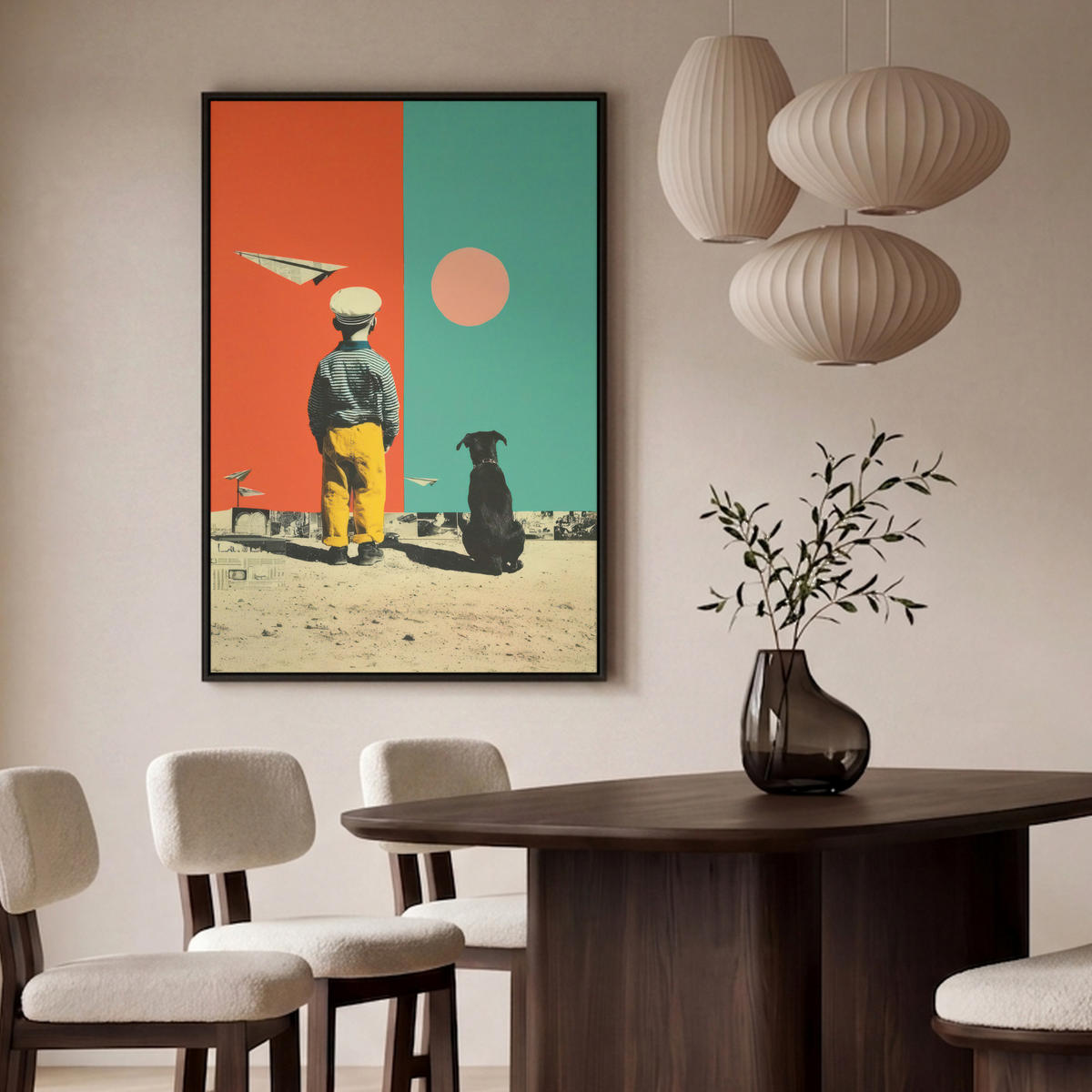 LEINWAND Bilder mit Rahmen - Retro - Junge - Hund - Rot - Grün - 90x140 - Orange, Textil (90/140cm) - MuchoWow