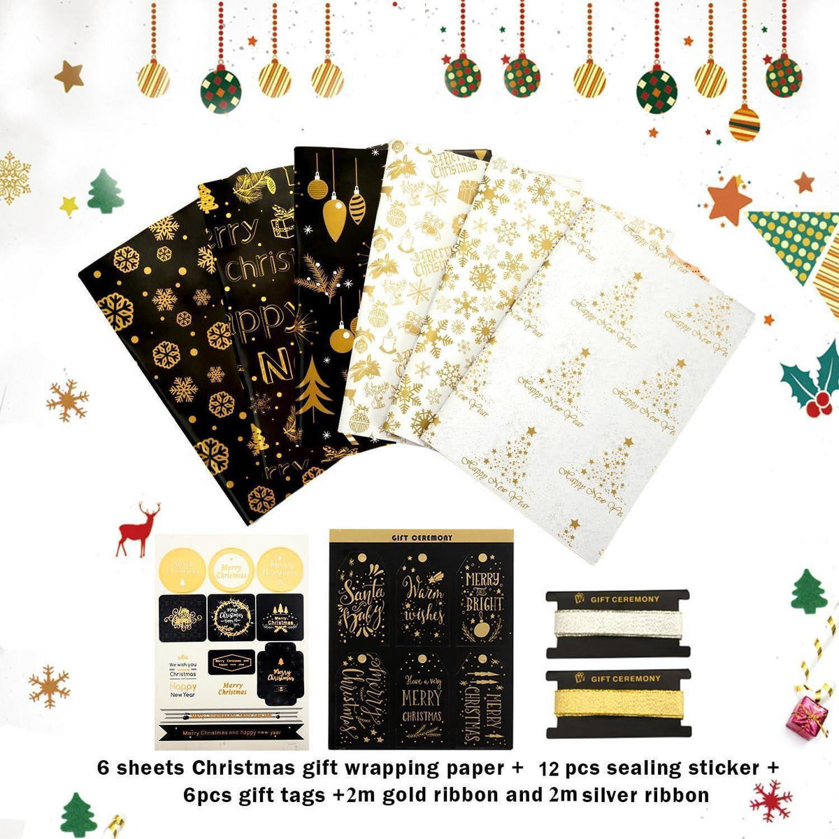 GESCHENKPAPIER Set Weihnachten 6 Blatt Gold Schwarz 70x50cm - Multicolor, Papier (50/1/70cm)