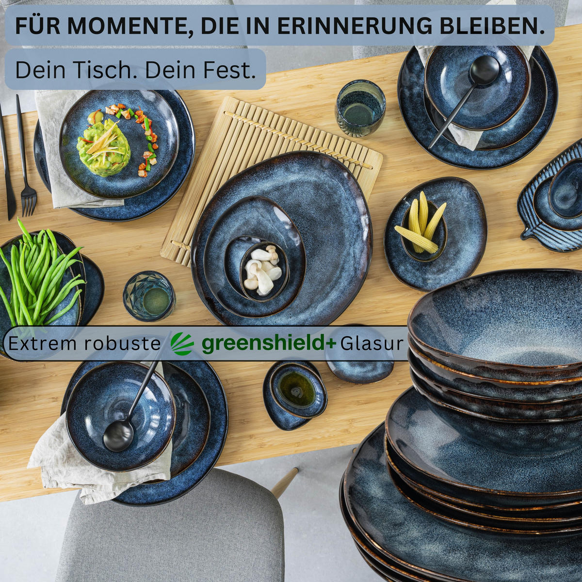 SÄNGER Steingut Geschirrset Tokio, Tafelservice 24 teilig für 8 Personen - Schwarz, Stein (27/5/27cm) - Sänger