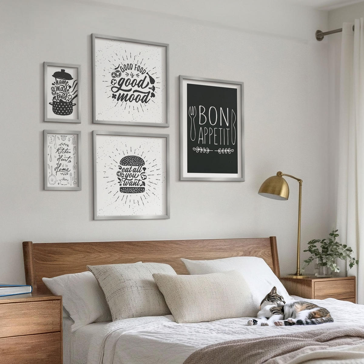 WANDBILDER 5er Set - 50x50 cm & 20x30 cm & 40x60 cm Silberner Rahmen - Grafiken, Lebensmittel, kulinarische Slogans - Silberfarben, Kunststoff (40/60cm) - ArtPrintCave