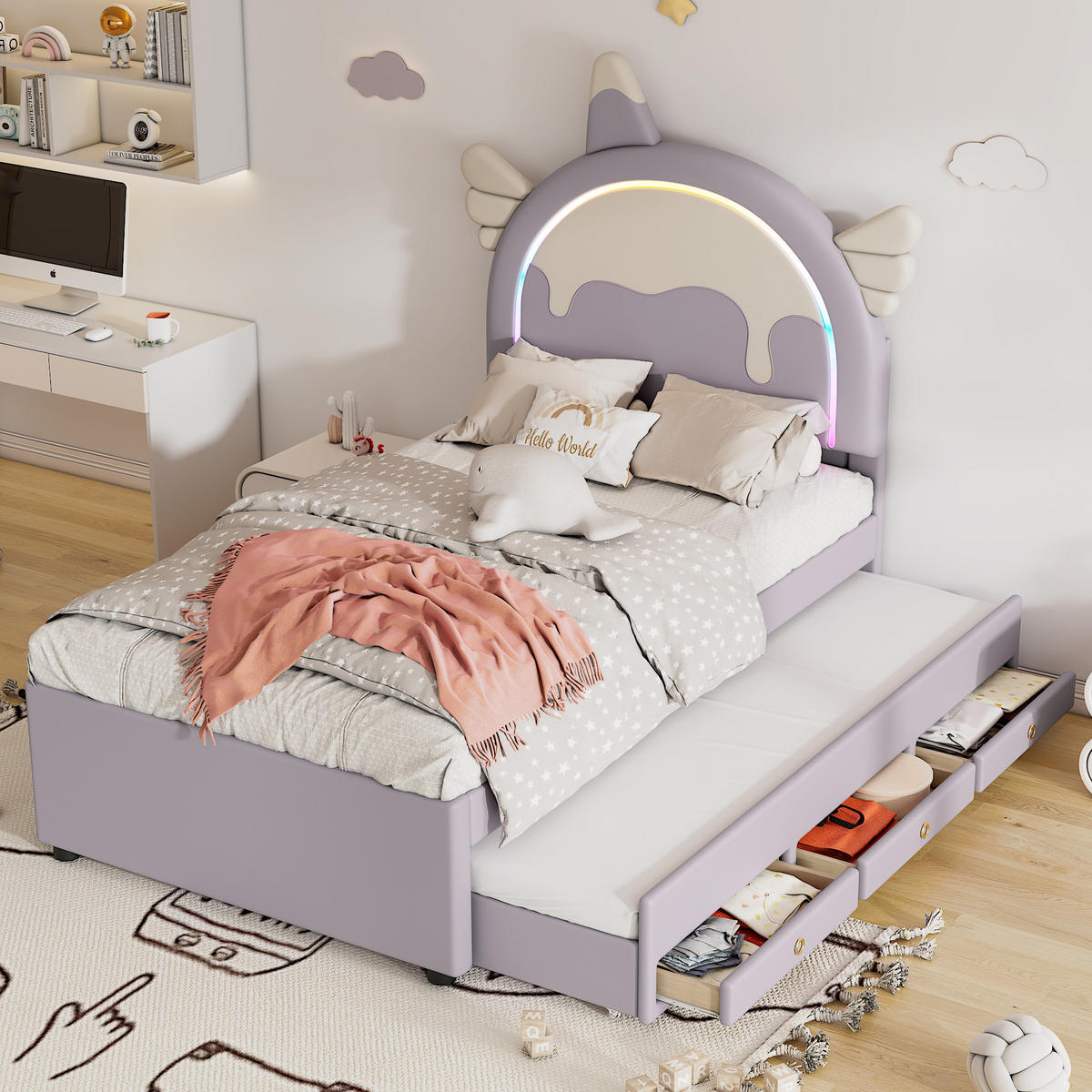 KINDERBETT 90/200 cm Einhornform Violett mit ausziehbarem Rollbett - Violett, Kunststoff (90/200cm) - OKWISH