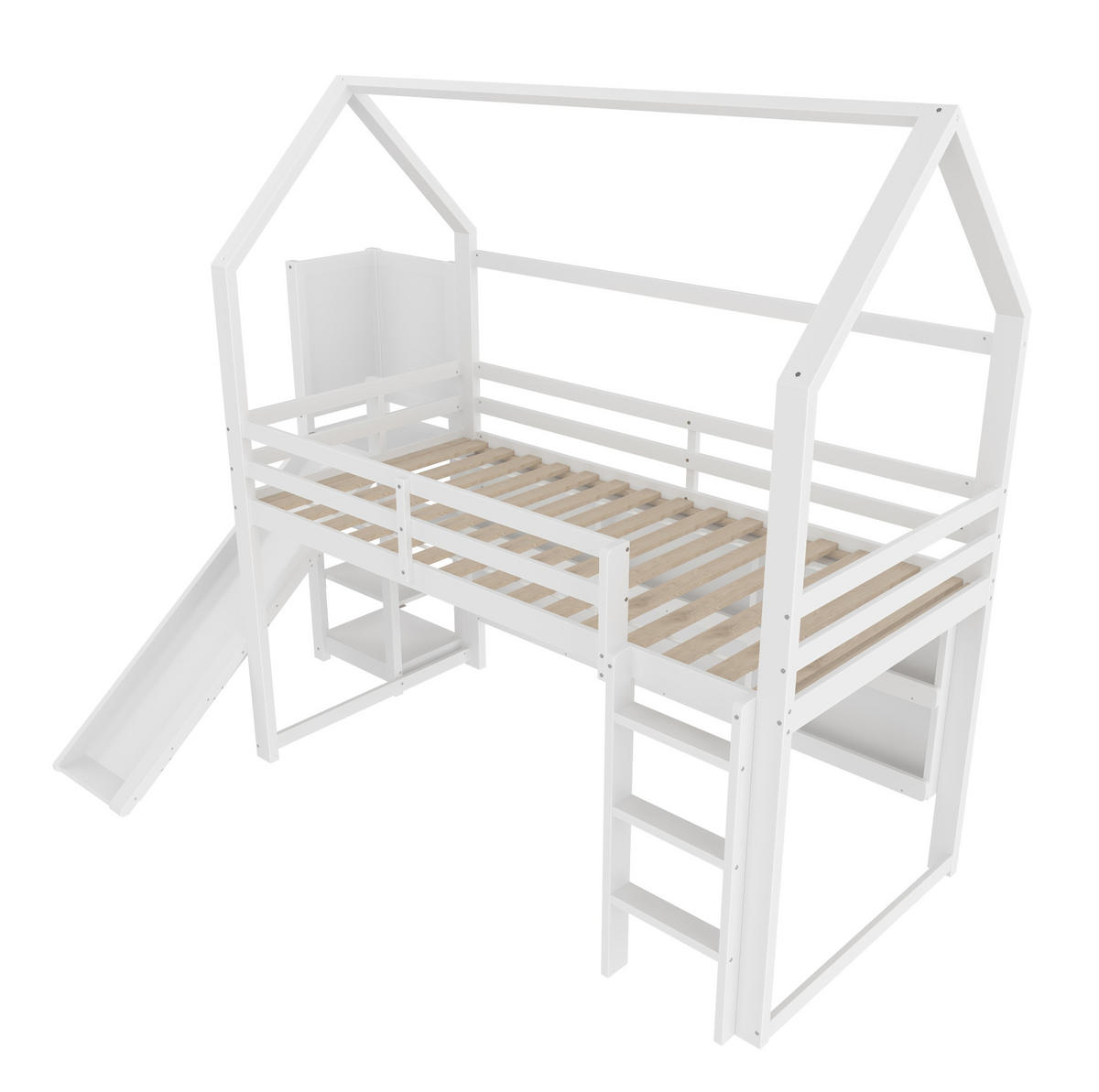 HOCHBETT 90x200 cm in Weiß mit Rutsche, Treppe, LED-Leiste und Regalen - Weiß, Holz (90/200cm) - IVMEU