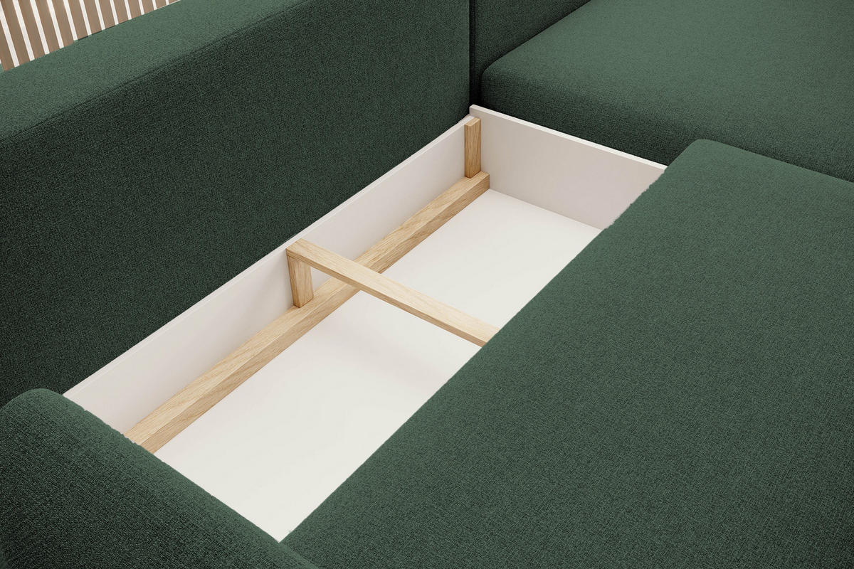 ECKSOFA BONO Stilvolles Sofa mit Schlaffunktion, Robuste Holzfüße, Elegante Armlehnen, Tiefe Sitzfläche 226x164x88cm, Linke, Waldgrün - Waldgrün, Holz/Textil (164/226cm) - DomoHome
