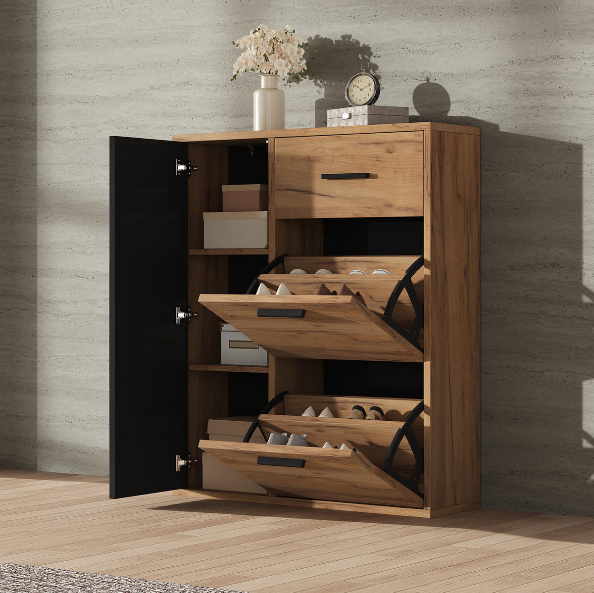 SCHUHSCHRANK 80/24/95,5 cm mit 2 Klappen, 1 Tür und Schublade in Natur/Schwarz - Naturfarben, Holzwerkstoff (80/95.5/24cm) - BEAOK