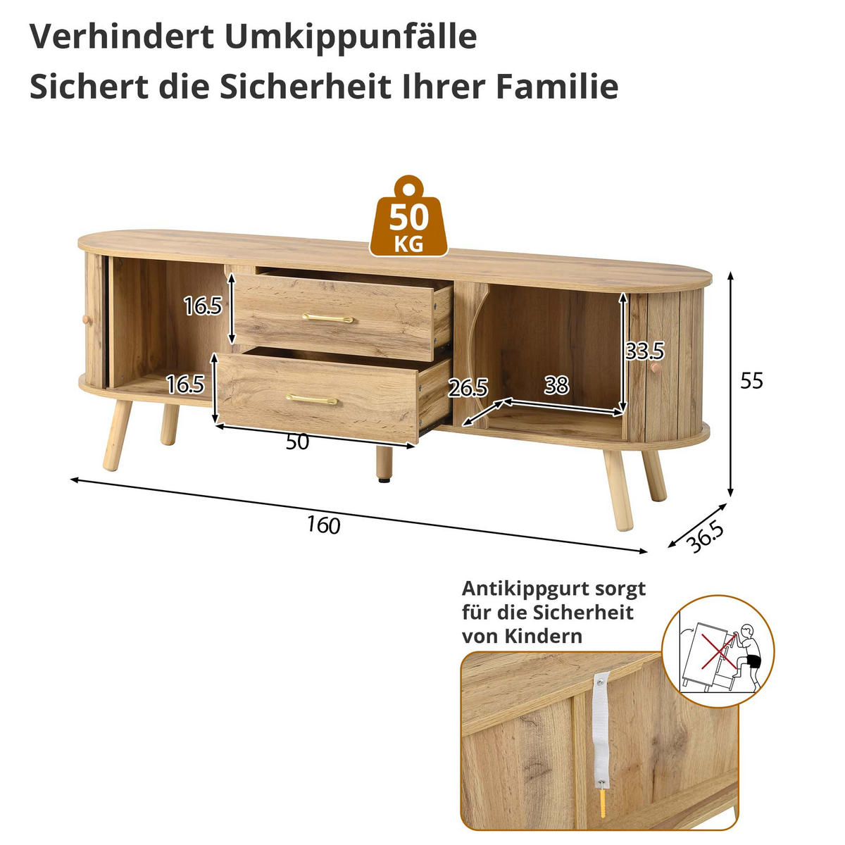 TV-LOWBOARD holzoptik & erbsenform - Naturfarben, Holzwerkstoff (160/55/36.5cm) - Urban Meuble