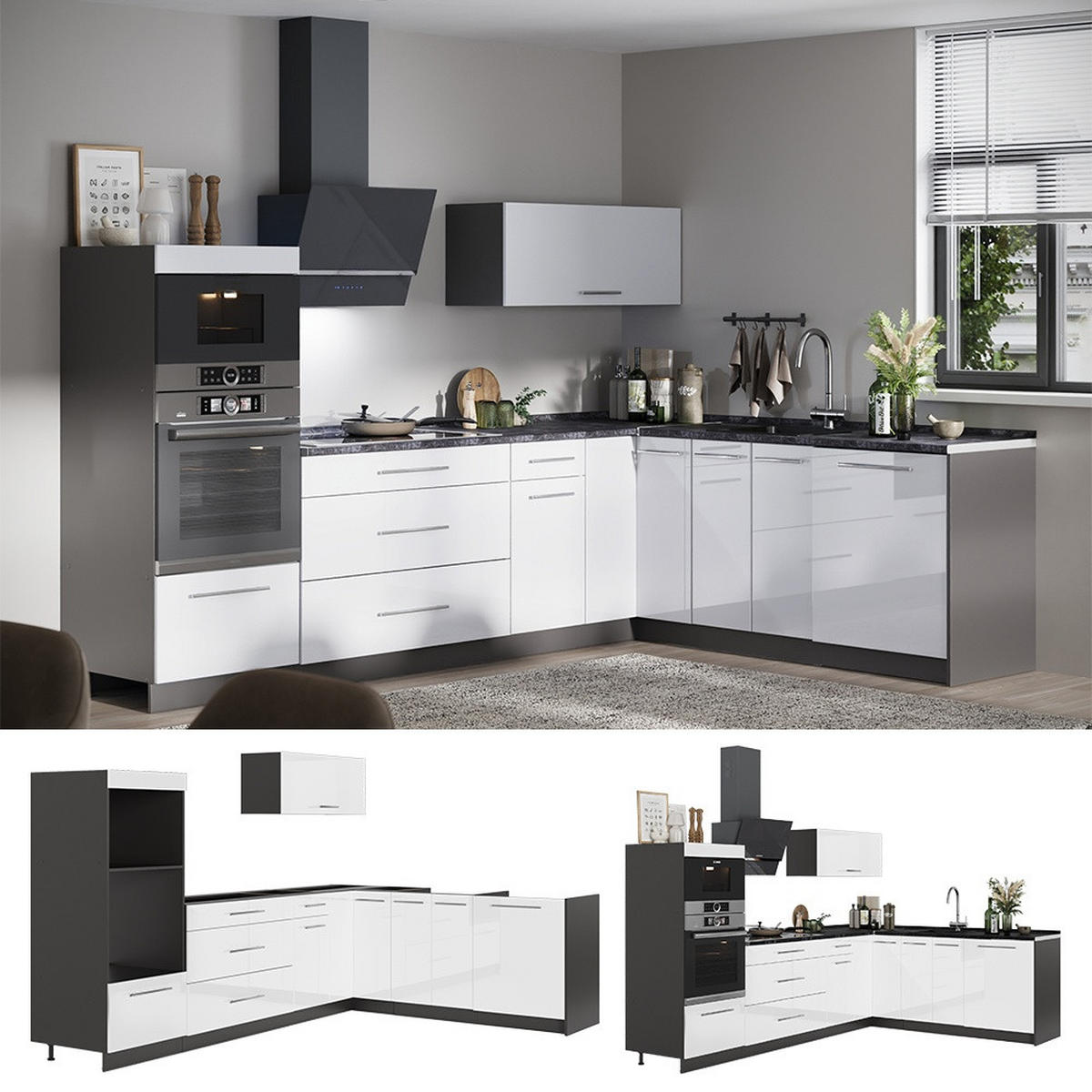 KUHINJA U OBLIKU SLOVA L Fame-Line, Sjajna Bijela /Antracit, 287 x 207 cm, RP Antracit - bijela visoki sjaj/antracit, drvni materijal (287/153.6/60cm) - Vicco