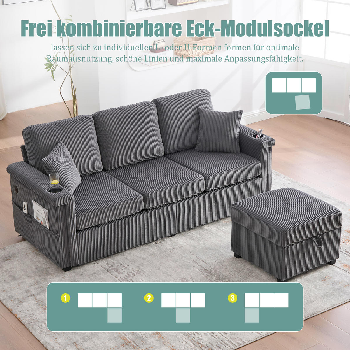 SOFA Corduroy mit LED und USB-Anschluss Stauraum 194/73/81 cm Dunkelgrau - Dunkelgrau, Textil (73/194cm) - Redom