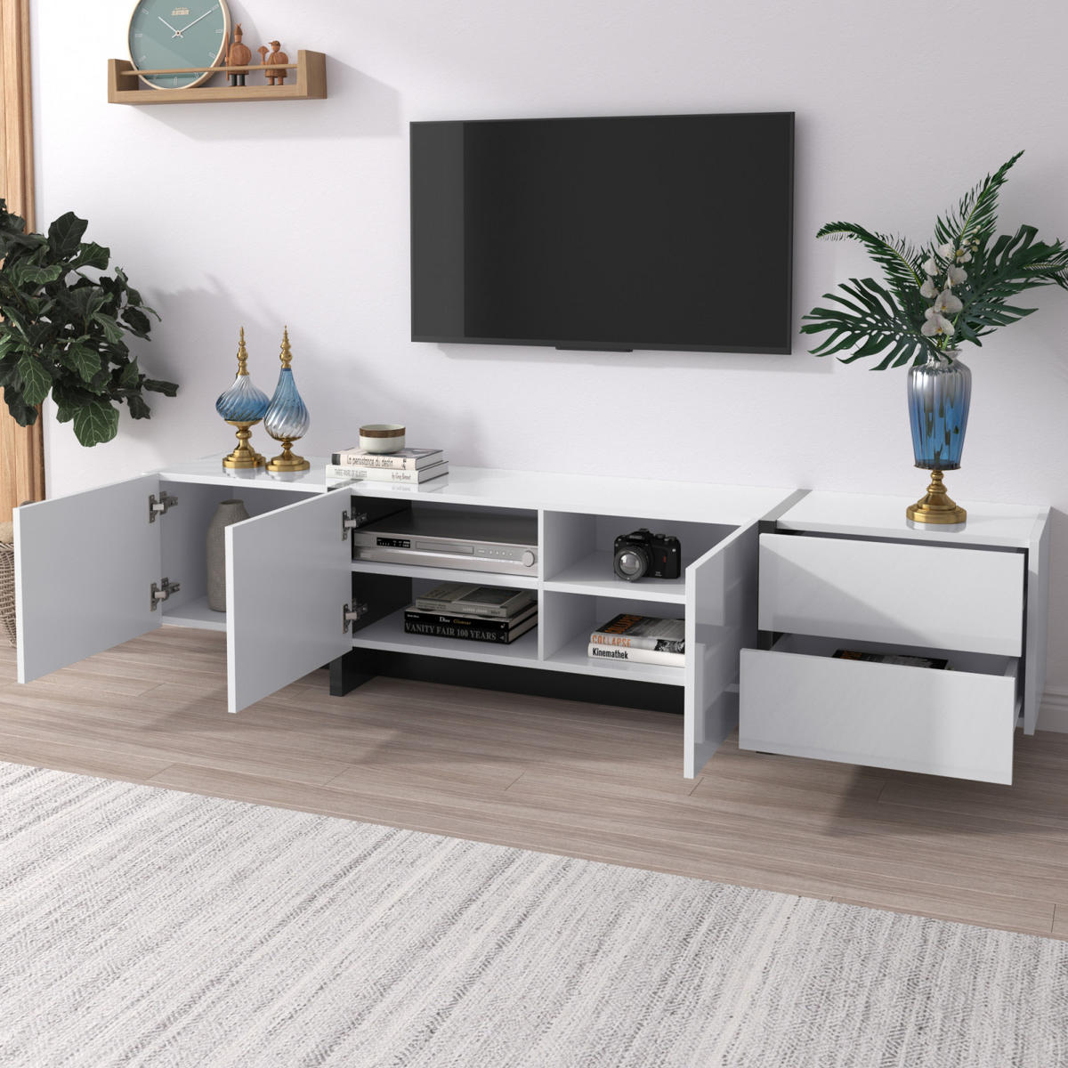 TV Lowboard 190x35x45 cm, Schubladen, Weiß - Weiß, Holz (190/45/35cm)