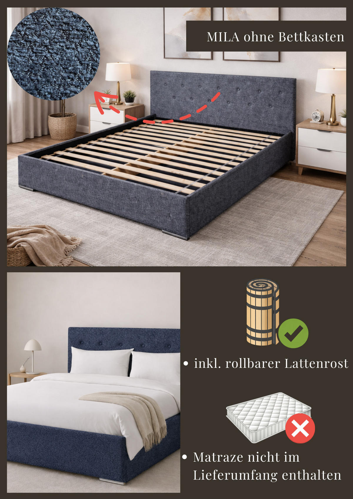 ČALOUNĚNÁ POSTEL MILA 160 s rošt – látka MARCELLO 18311 - modrá, kompozitní dřevo (160/200cm) - Kier Furniture