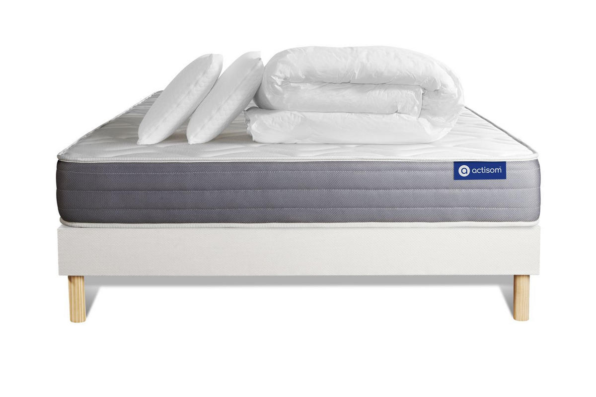 BETT Actiflex dream Taschenfederkern und Memory-Schaum 160 x 200 cm h1 - Kit Bettgestell Weiß - Mit Kissen und Bettdecke - Beige/Weiß, Holz/Textil (160/200cm) - ACTISOM