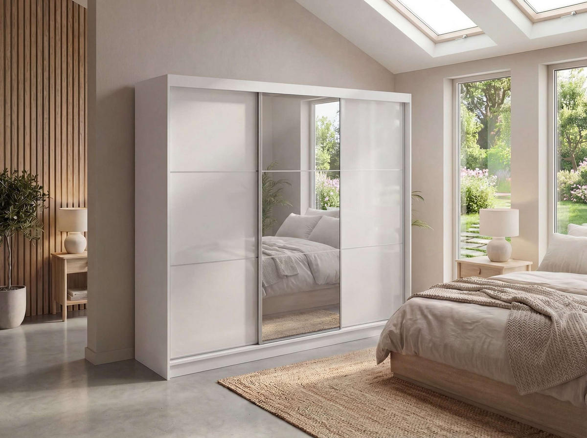 SCHWEBETÜRENSCHRANK mit Spiegel und Schubladen - WALENCJA - 240 - Weiß lacobel - Alufarben/Weiß, Holzwerkstoff/Metall (240/216/61cm) - MKS