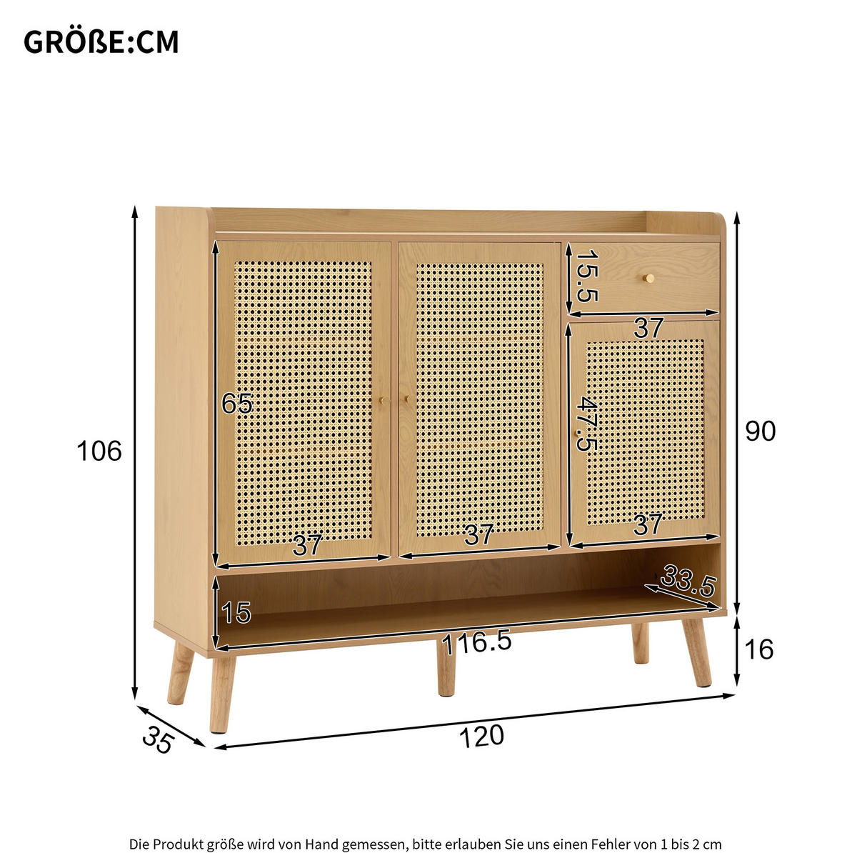 SCHUHSCHRANK 120/35/106 cm mit 3 Türen, 1 Schublade, Regalböden und Massivholzbeinen, Natur - Naturfarben, Holzwerkstoff (120/106/35cm) - Redom