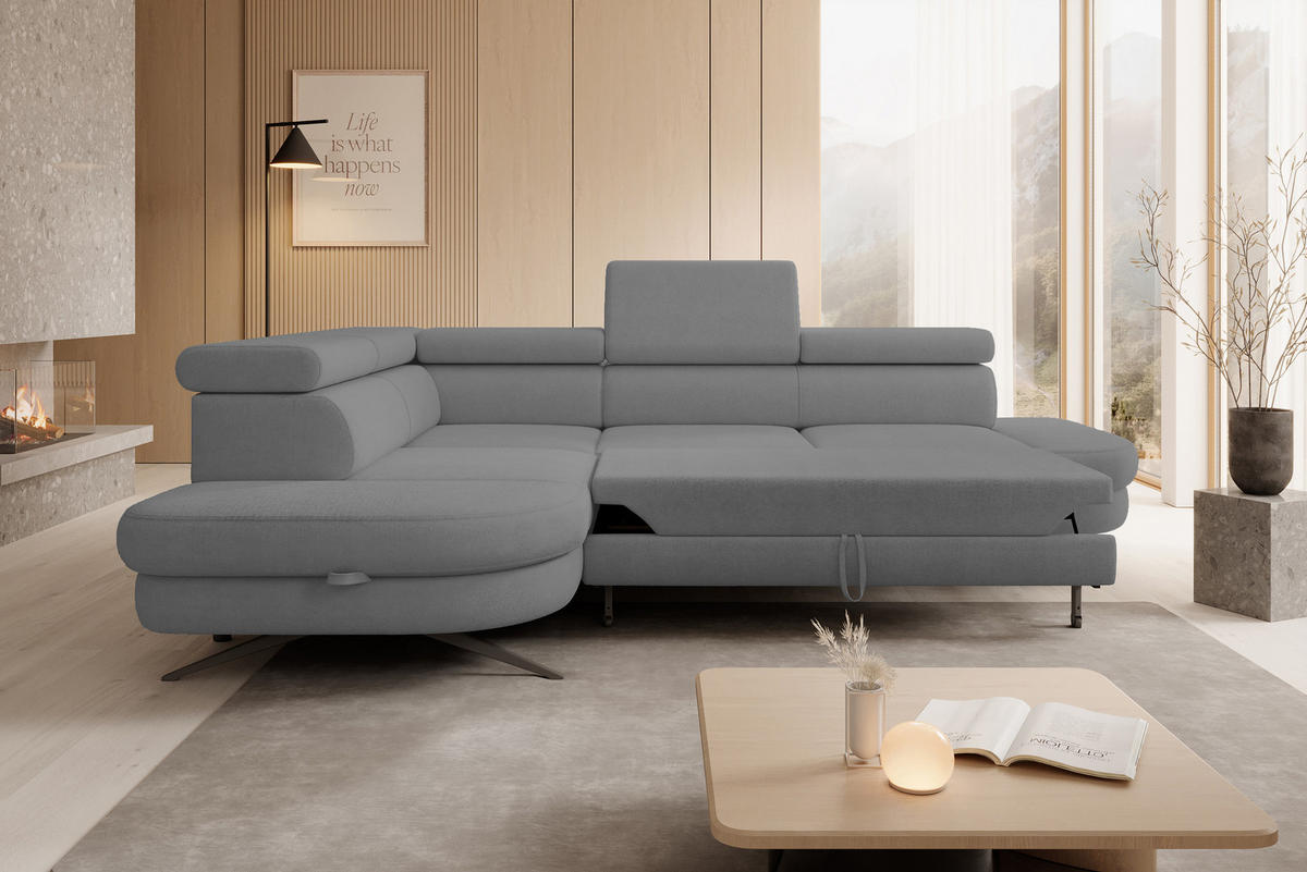 ECKSOFA OTIS L-förm, Schlaffunktion, verstellbare Kopfstützen, in AURORA-Stoff, lose Rückenkissen, freistehend, LINKS 218x276x97 cm Grey - Grau, Holz/Textil (218/276cm) - DomoHome