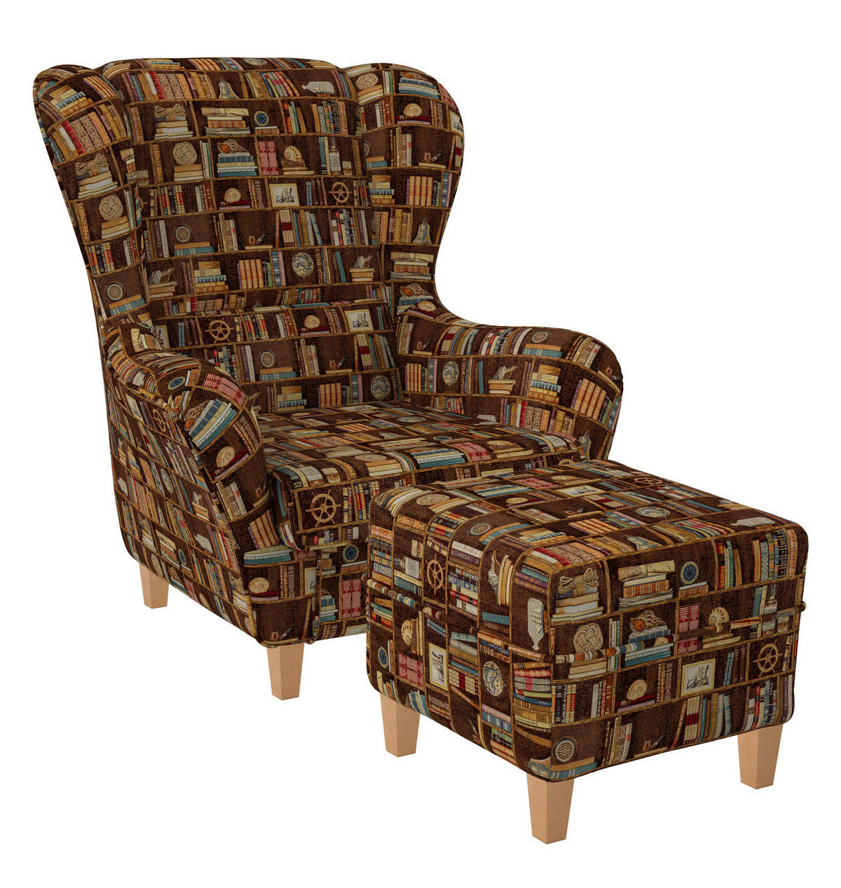 OHRENSESSEL Sofia Relaxsessel mit Hocker | Design Bibliothek, Bücherregal - Multicolor/Braun, Textil (92/68/95cm) - Supellex