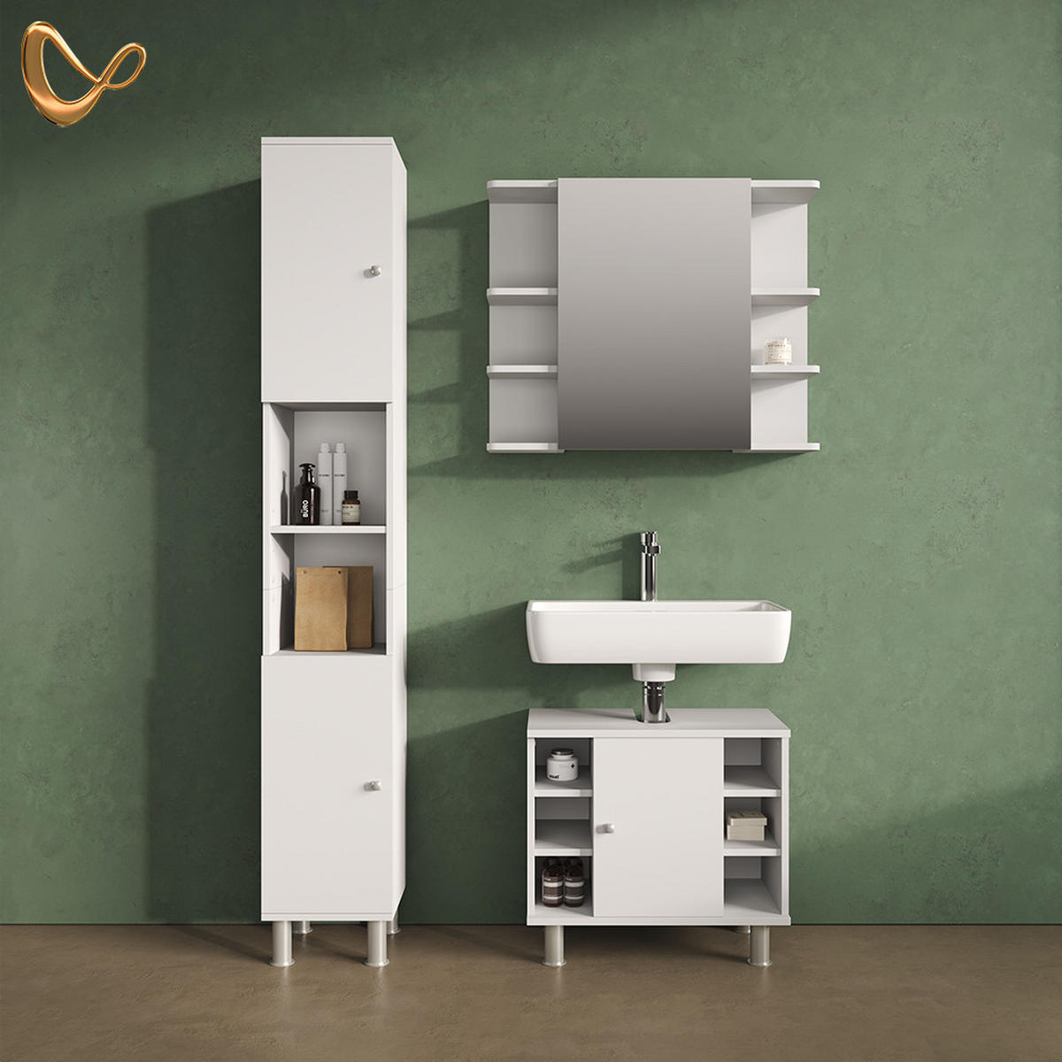 BADMÖBEL-SET Fucino Weiß 3 Teile, mit Hochschrank - Weiß, Holzwerkstoff (60/54/32cm) - Livinity®