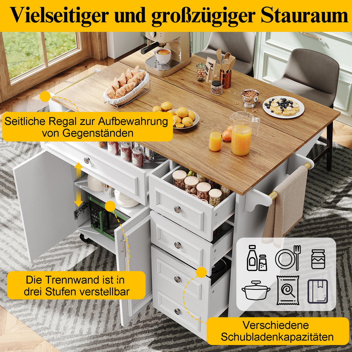 KÜCHENINSEL 110x75x92cm Weiß mit Klapptisch & Schubladen - Weiß, Holzwerkstoff (110/92/75cm) - Modfu