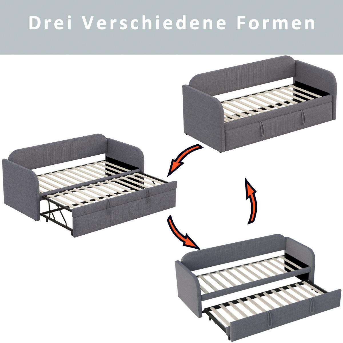 POLSTERBETT 90/180x190 Leinen Lattenrost Streifen Grau - Grau, Holzwerkstoff - FLIEKS