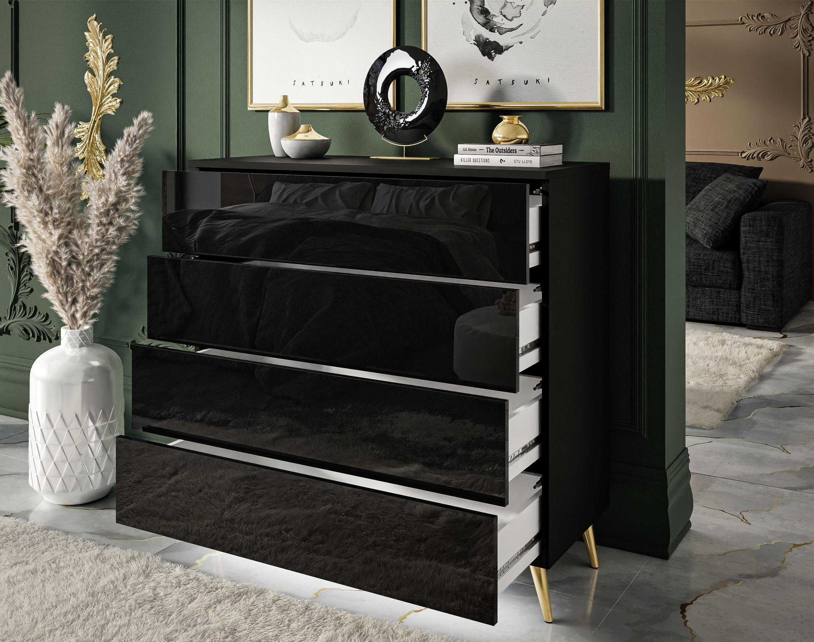 Thumbnail - Lookway Kommode, Schwarz, Gold, Holzwerkstoff, 95x90x40 cm, Wohnzimmer, Kommoden & Sideboards, Kommoden