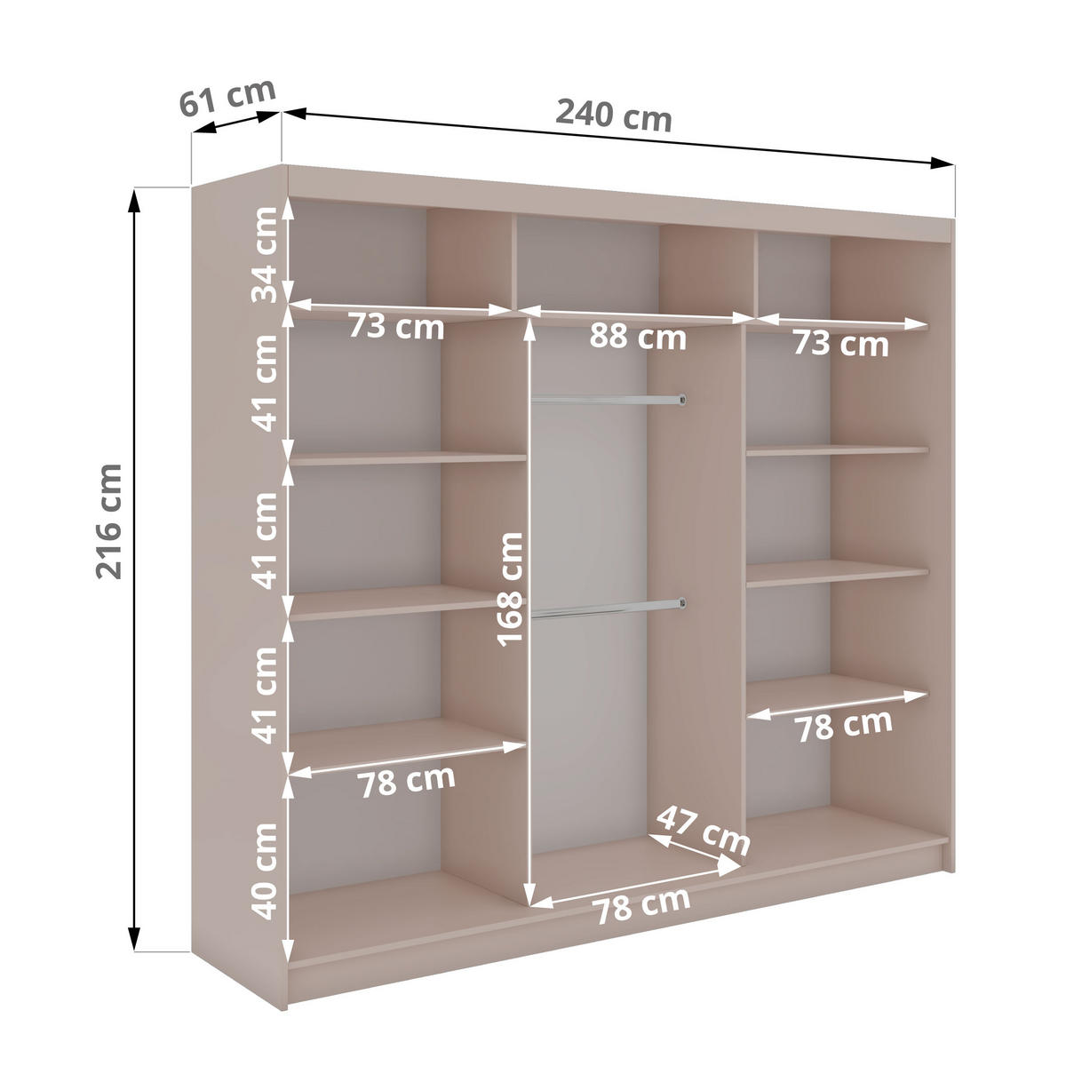 SCHWEBETÜRENSCHRANK mit Spiegel - WALENCJA - 240 - Kaschmir-Grau lacobel - Kaschmir/Alufarben, Holzwerkstoff/Metall (240/216/61cm) - MKS