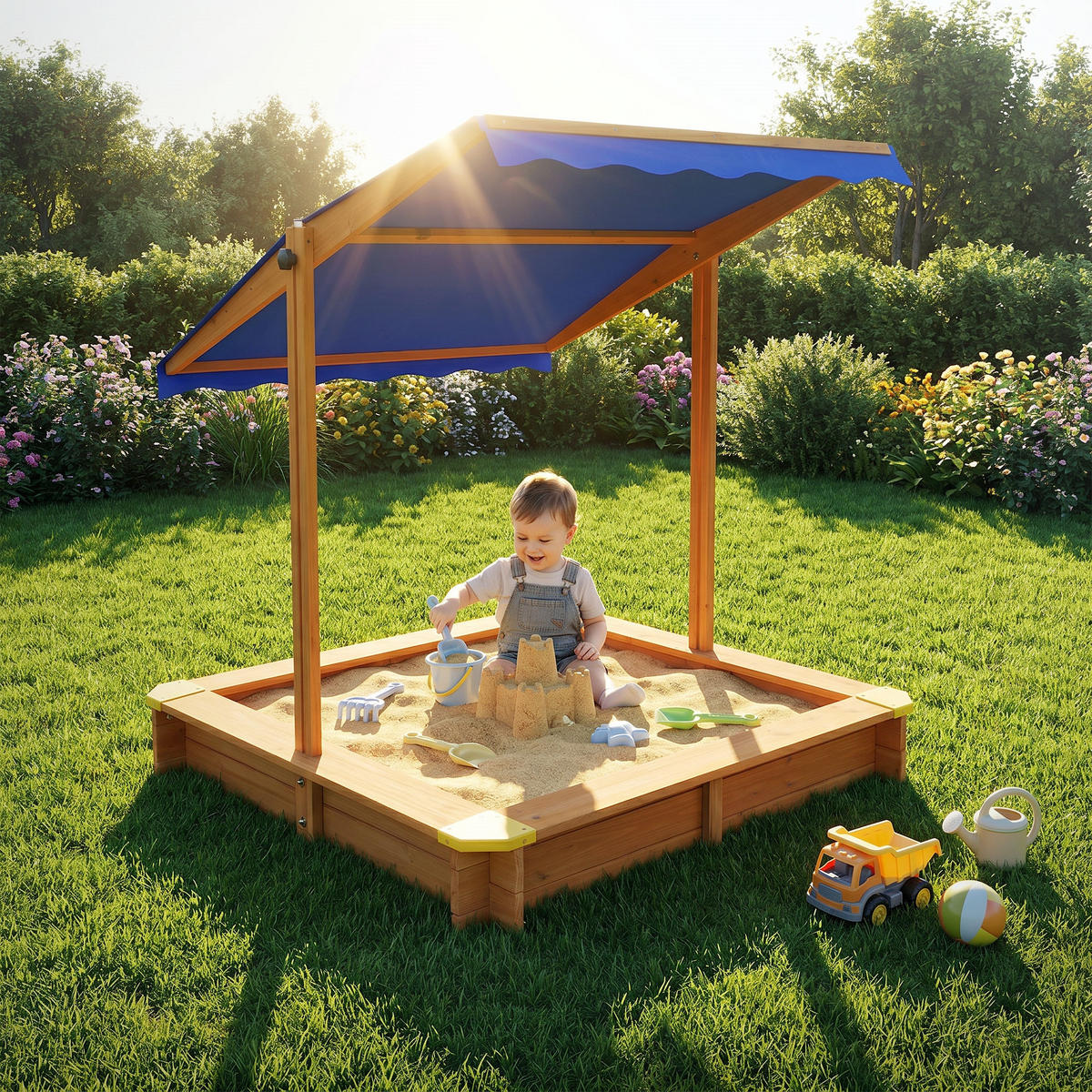 SANDKASTEN MIT DACH 118x118 cm Natur aus Massivholz - Naturfarben, Holz (118/118/119cm) - ML-DESIGN