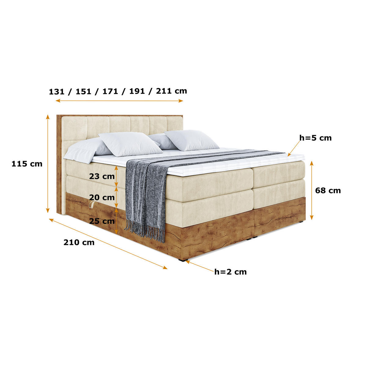 BOXSPRINGBETT mit Matratze H3|H4 und Lattenrost - LOLLI7 KING-120x200 - Beige Monolith - Beige, Holzwerkstoff (120/200cm) - ALTDECOR
