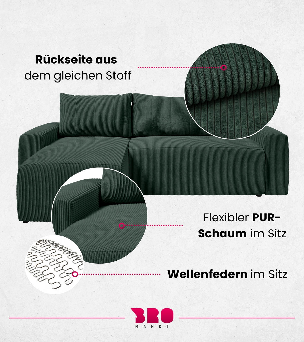 ECKSOFA PLUSH mit Schlaffunktion Grün Cord - Grün, Textil (240/145cm) - Bromarkt