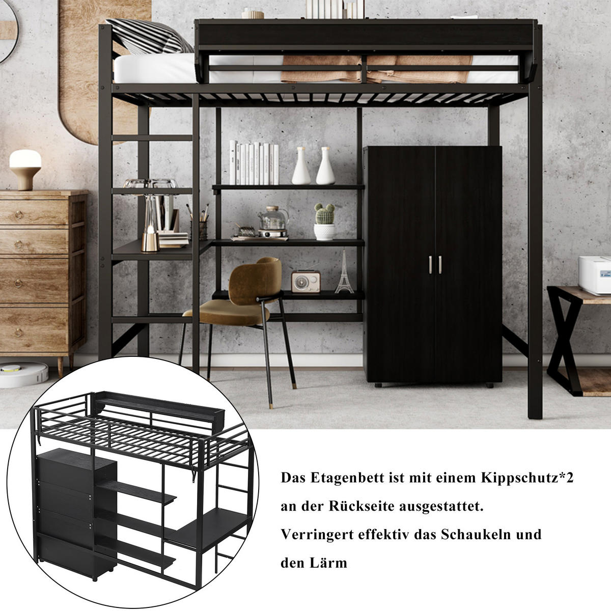 ETAGENBETT 90/200 cm in Schwarz mit Tisch, Kleiderschrank und Regal Metall-Holz-Design - Schwarz, Holzwerkstoff/Metall (90/200cm) - STILVORA