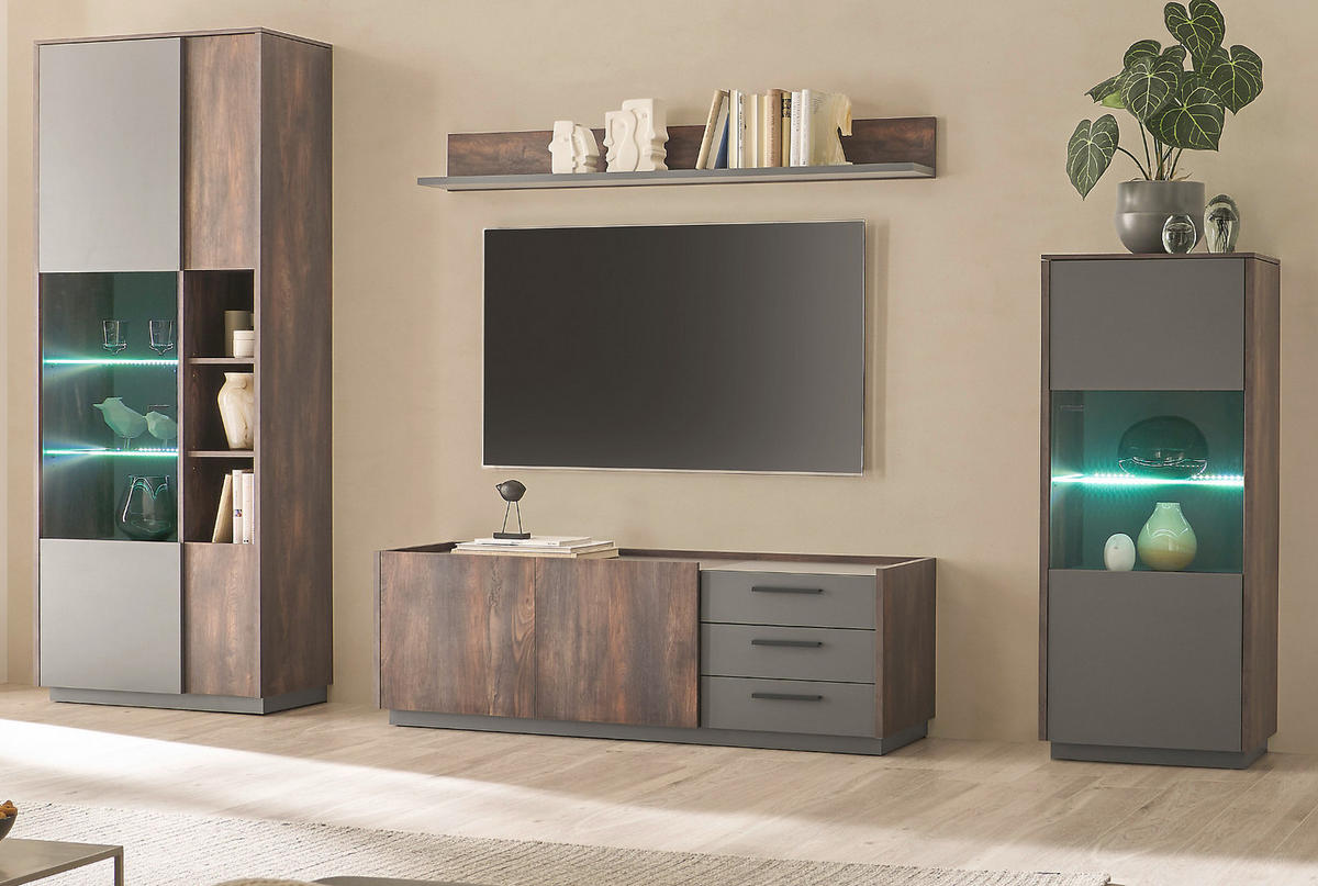 WOHNWAND Thermo Eiche, grau, Wohnkombination 4-teilig mit Soft-Close 352 x 200 cm - Eichefarben/Grau, Holzwerkstoff/Metall (352/200/45cm) - Furn.Design