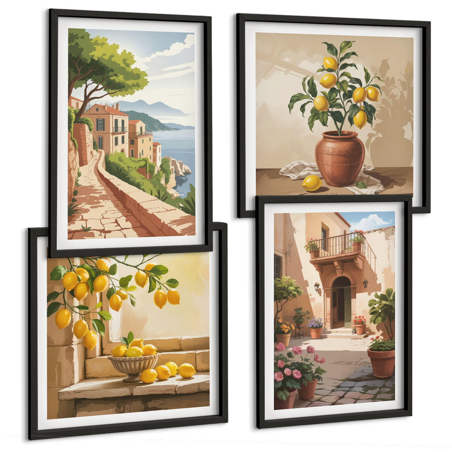 BILDER SET 4er Set - 50x50 cm & 40x60 cm Schwarzer Rahmen - Zitrusfrüchte in der Küche - Schwarz, Kunststoff (50/50cm) - TULUP