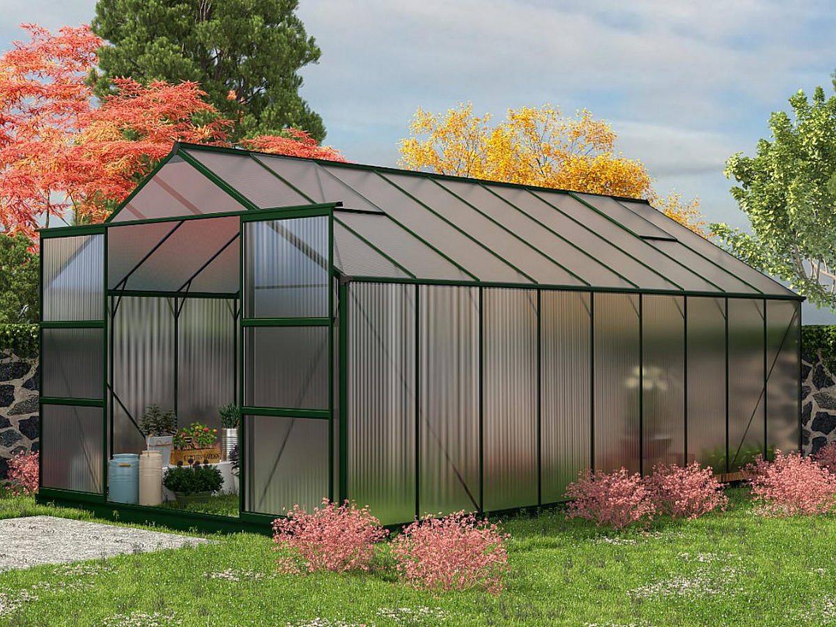 SELBSTTRAGENDES Gewächshaus - 303cm x 543cm - Polycarbonat - tannengrün - IXORA - Grün, Kunststoff (303/157/543cm) - Vente-Unique