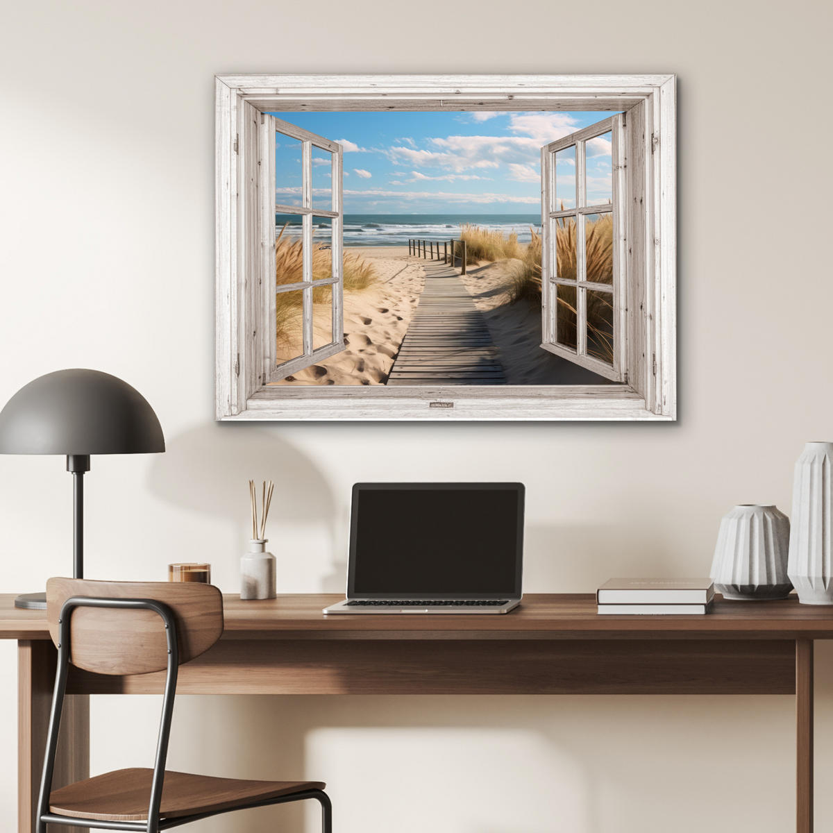 KOVOVÝ OBRAZ Okno - more - pobrežie - príroda - výhľad - pláž - Waddenské more 80x60 cm - béžová, kov (80/60cm) - MuchoWow