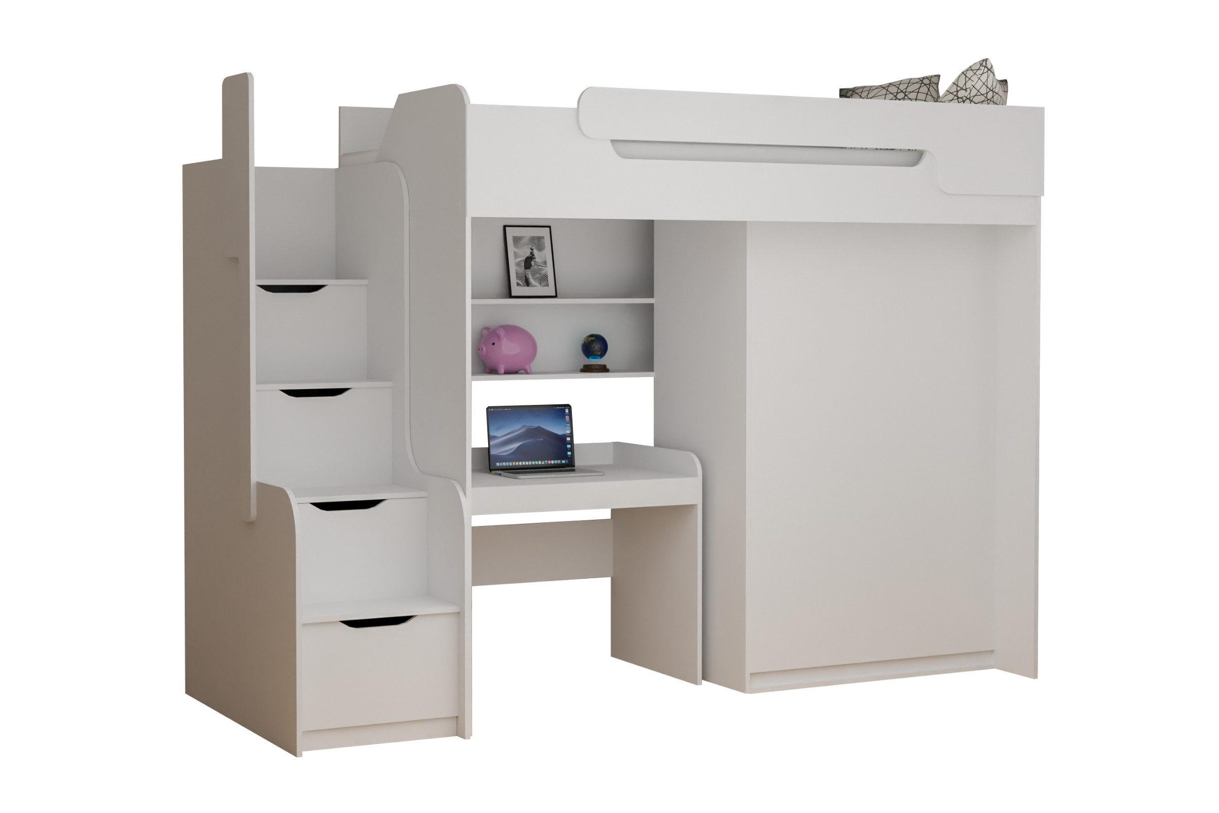 HOCHBETT ARTHUR 90/200 in Weiß mit Schreibtisch und Kleiderschrank - Weiß, Holzwerkstoff (90/200cm) - Deine Möbel 24