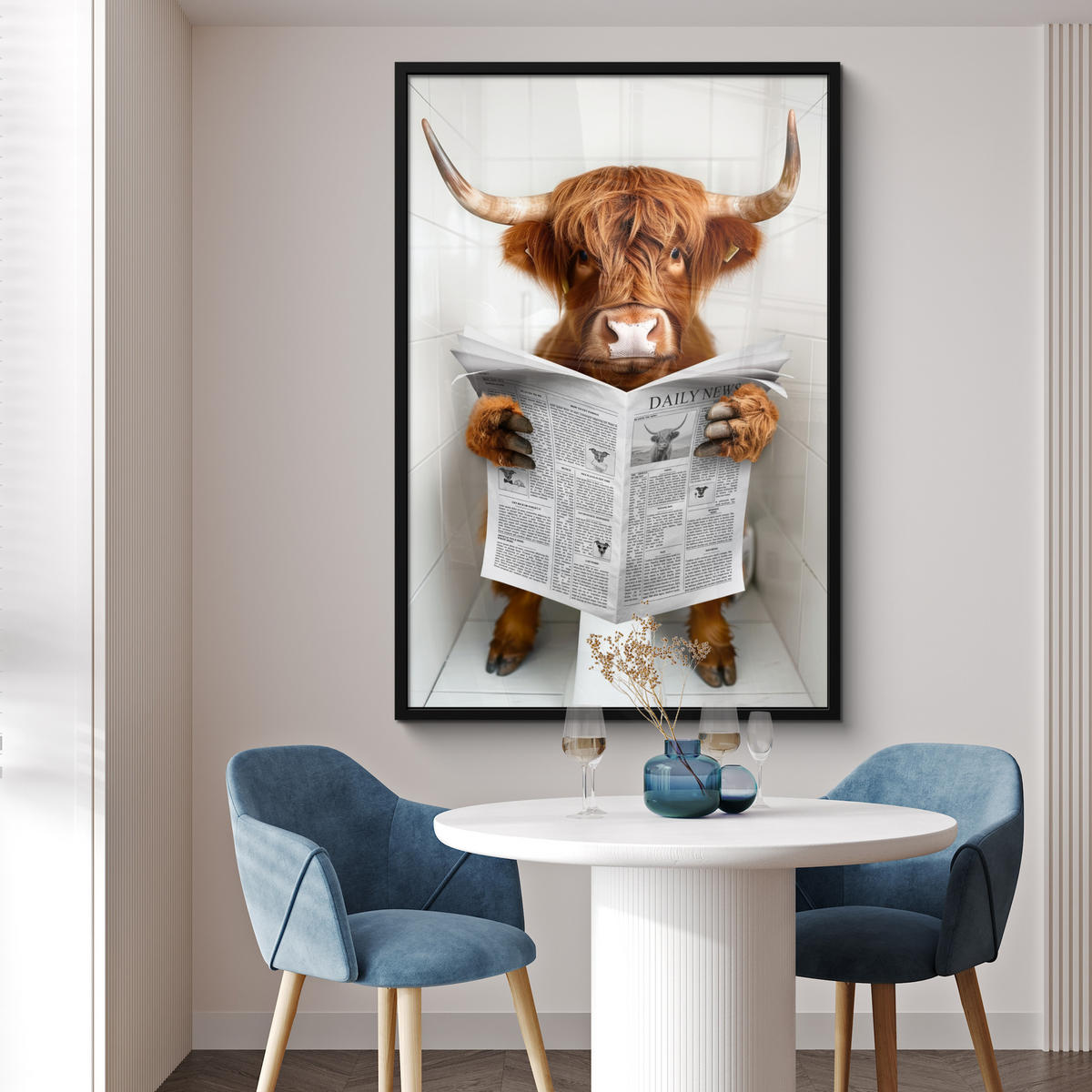 GERAHMTES BILD Schottisches Hochlandrind - Tier - Zeitung - Toilette 80x120 cm - Kastanienfarben, Papier (80/120cm) - MuchoWow