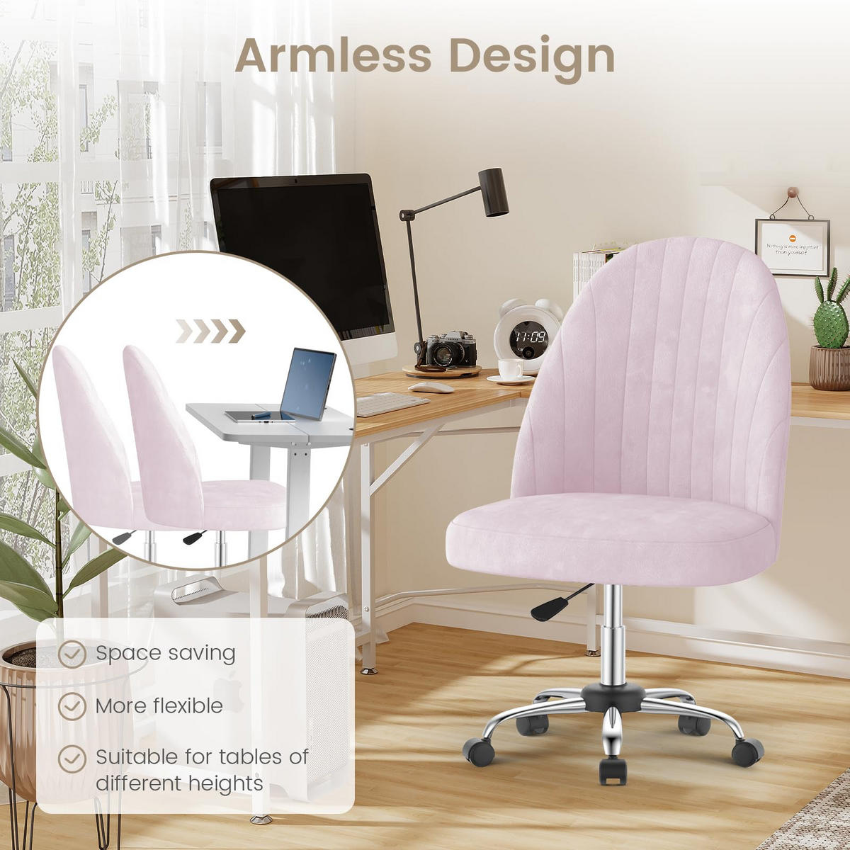 DREHSTUHL Rosa Samt ergonomisch drehbar - Pink, Metall (30/44.5/48.5cm) - Rattrix