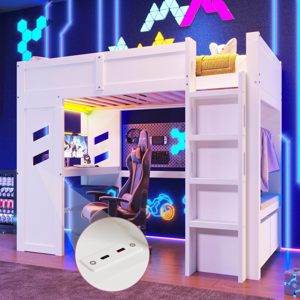 HOCHBETT 90/200 cm weiß mit Schreibtisch und LED-Beleuchtung - Weiß, Holz (90/200cm) - OKWISH