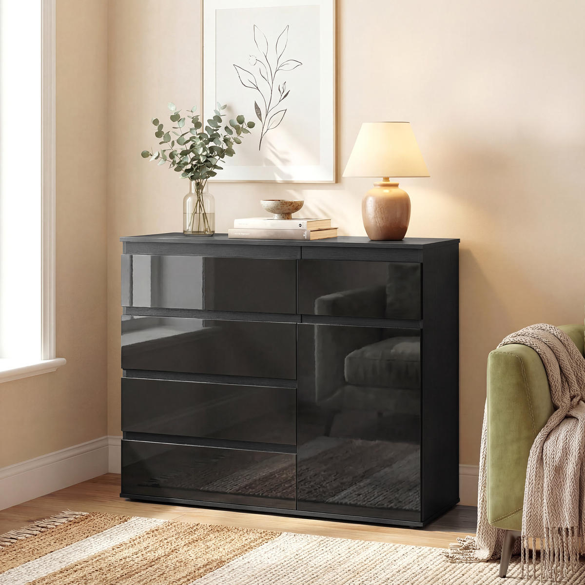 SIDEBOARD Schwarz Hochglanz mit 5 Schubladen und Soft-Close-Tür - Schwarz, Holzwerkstoff (100/80/40cm) - PANGIVO