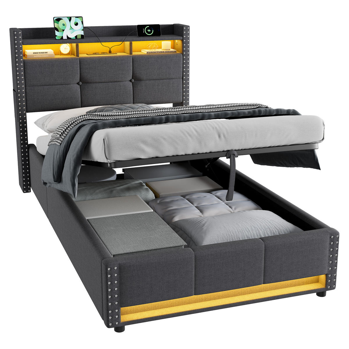 POLSTERBETT 90/200 cm dunkelgrau aus Leinenstoff mit hydraulischem Stauraumkopfteil LED und USB-Ladefunktion - Dunkelgrau, Textil (90/200cm) - OKWISH
