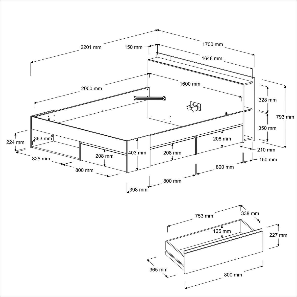 JUGEND-SCHLAFZIMMER Akazie, weiß, Komplettset mit Stauraumbett (160 x 200 cm) und Kleiderschrank - Weiß/Akaziefarben, Holzwerkstoff (170/182/220cm) - Parisot Meuble