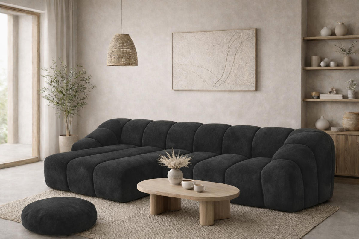 ECKSOFA Modulare L-Form, Veloursstoff Bluvel, Schwarz, Links, CROISSANT L - Schwarz, Holz (305/190cm) - Kaiser Möbel